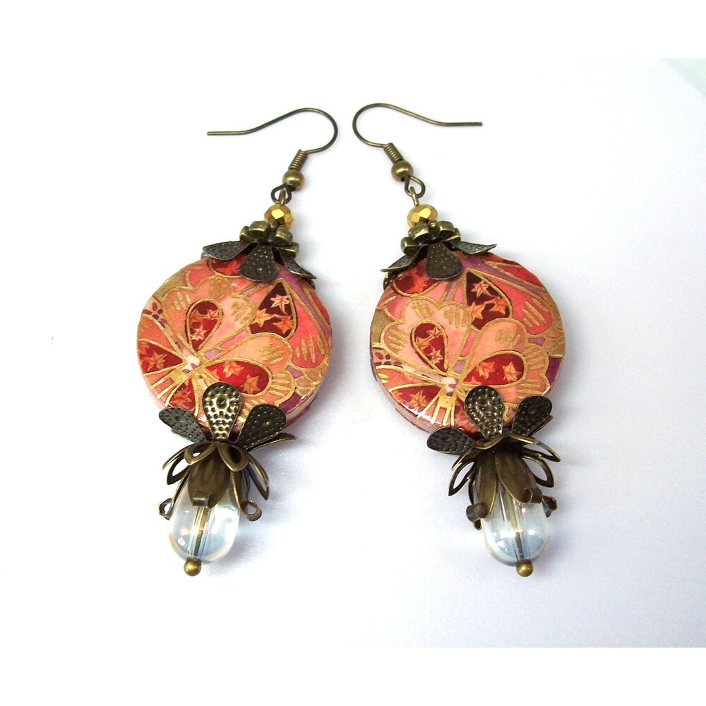 Vintage Style Art Nouveau Earrings, Decoupage Drop Earrings, Bronze, Artisan Cra